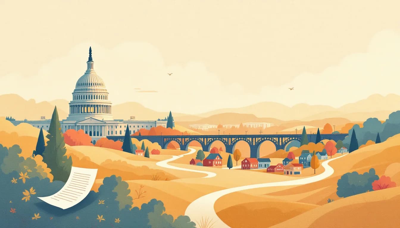 Capitol dome with a single pathway branching toward community buildings, warm editorial illustration