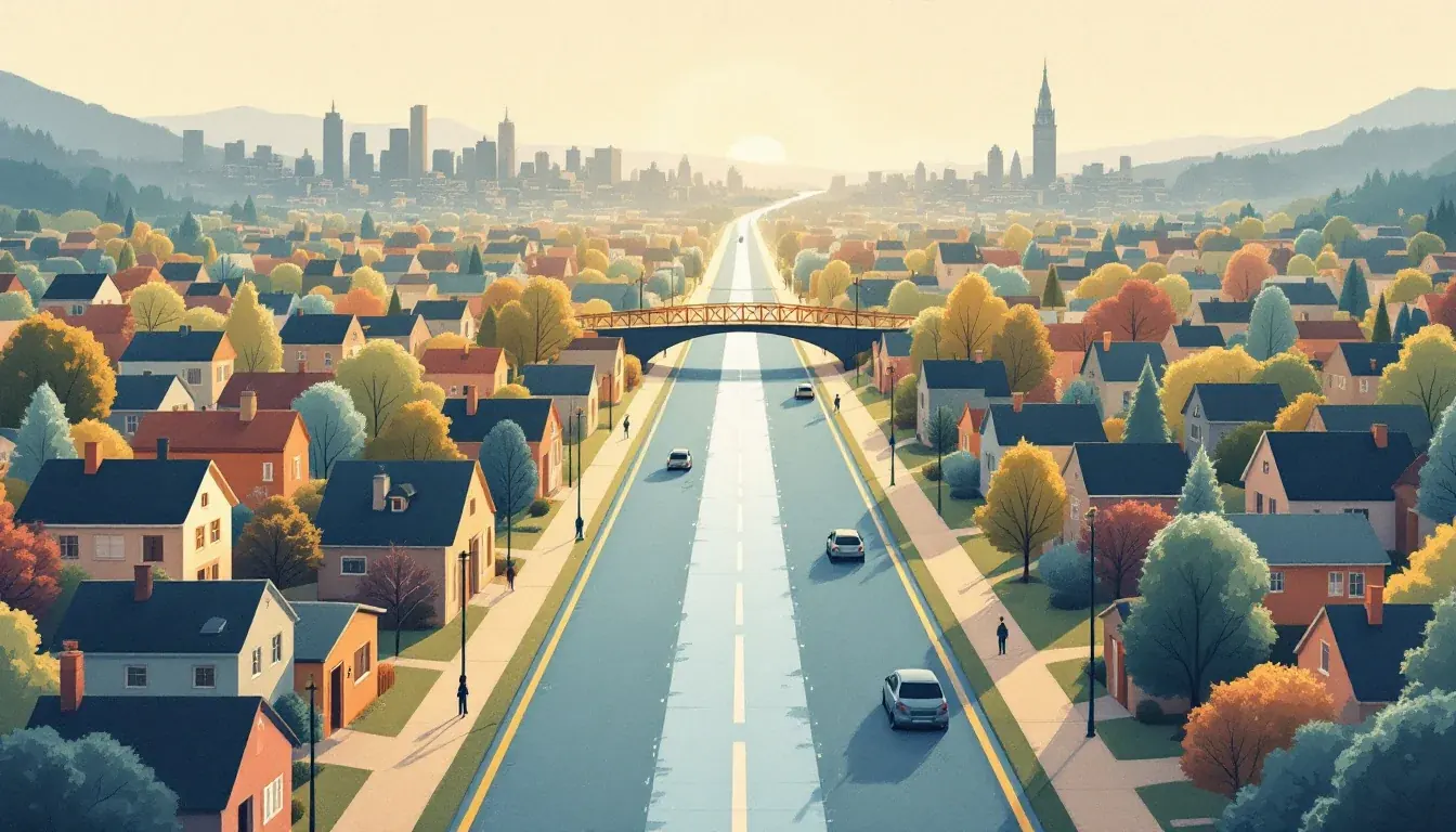 Sunlit neighborhood of small recovery homes along a road leading toward a city skyline, warm editorial illustration
