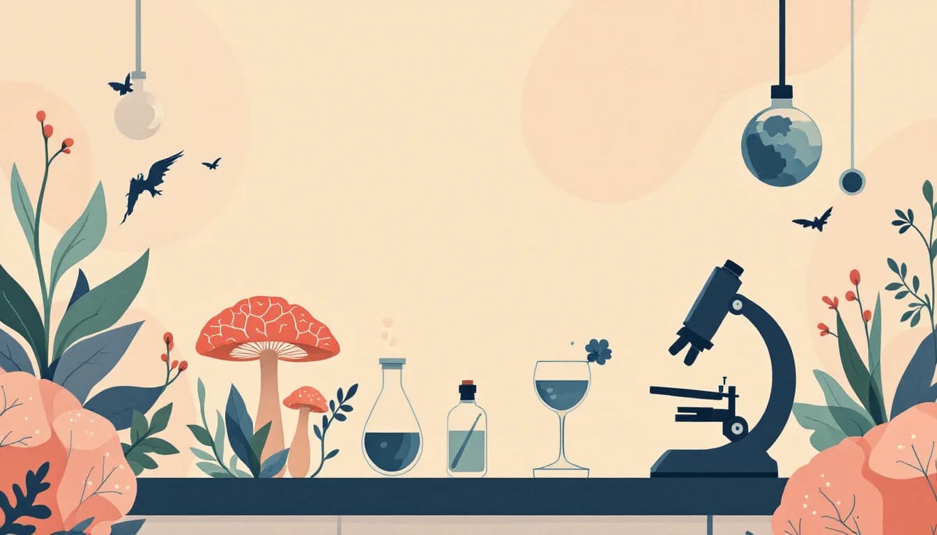 Medical research laboratory with brain neural network imagery and mushroom silhouettes blending into neural pathways, warm editorial illustration