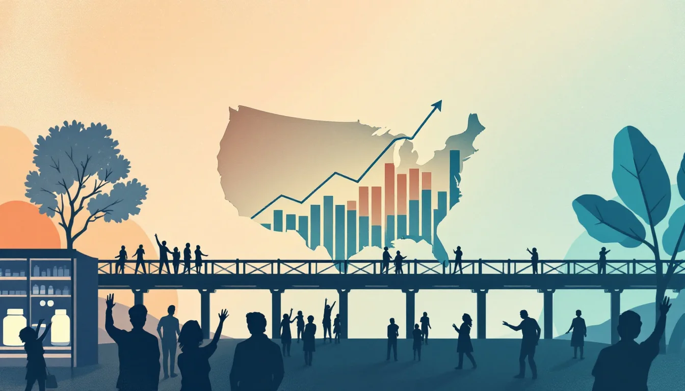 Map of the United States with a rising bar chart and people reaching toward a pharmacy counter, warm editorial illustration
