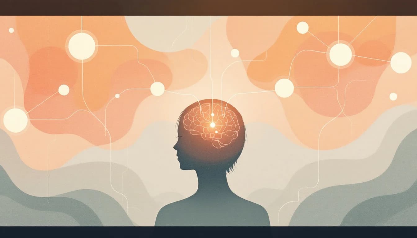 Medical device with neural stimulation symbols and brain wave patterns, warm editorial illustration
