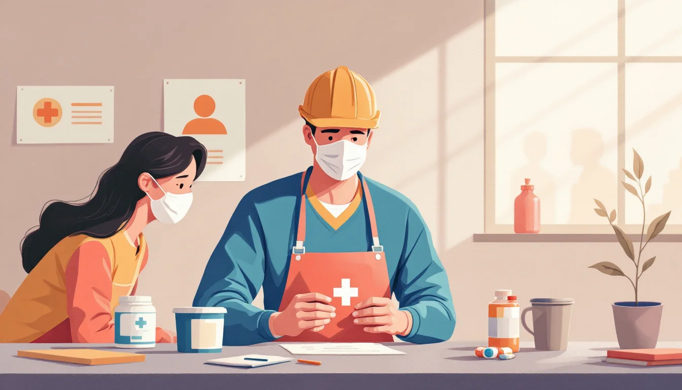 Workplace first aid station with emergency medication symbols, workers receiving training, warm editorial illustration