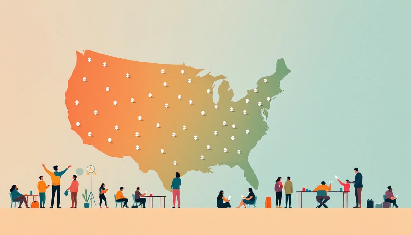 Warm editorial illustration of naloxone kits and volunteers at community tables across a U.S. map