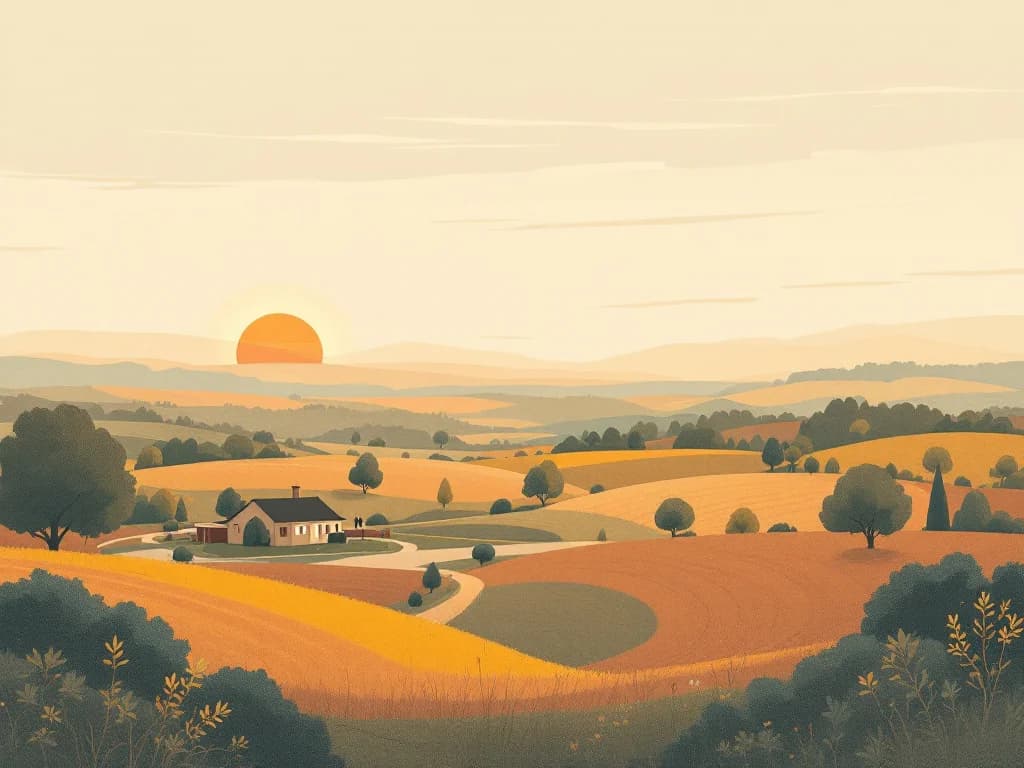 Ohio countryside with community health center and recovery symbols, warm editorial illustration