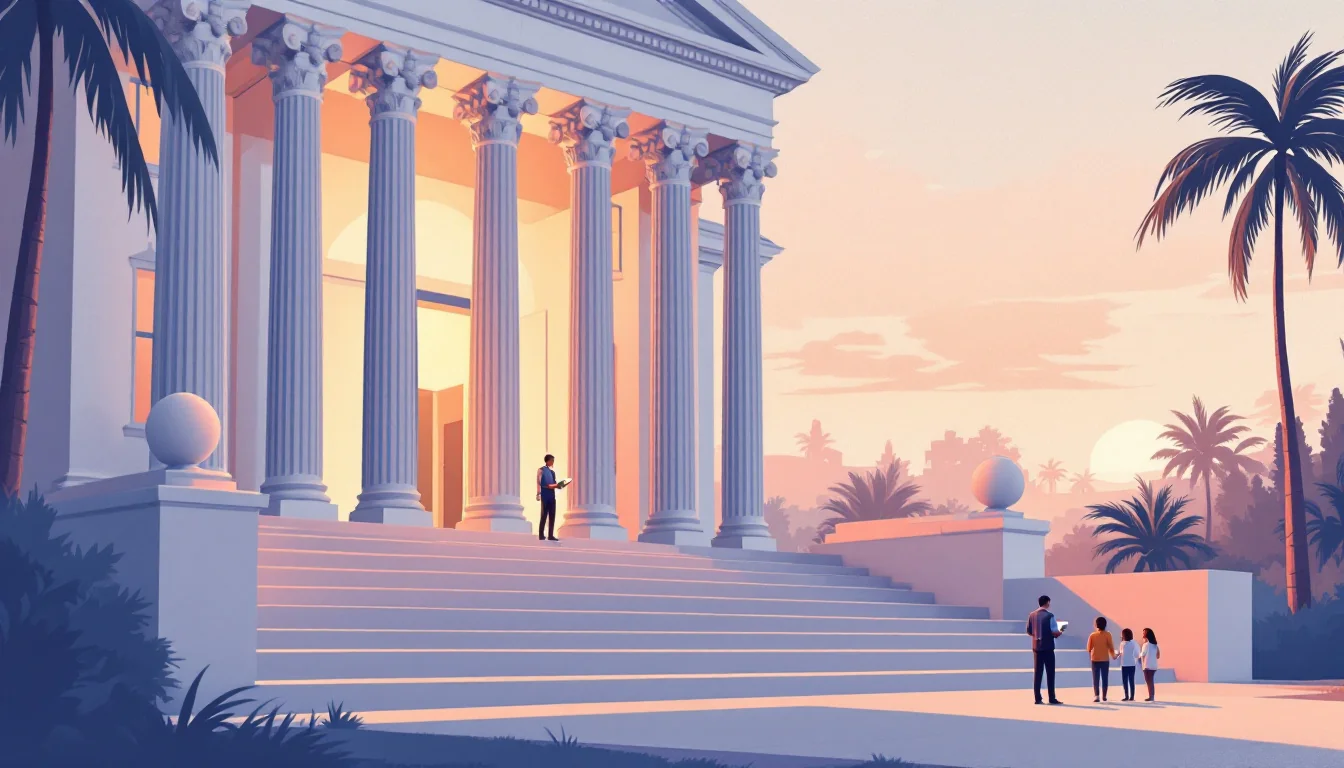 California county courthouse with tall columns and an open doorway leading to a path toward supportive housing, with soft silhouettes of a family and a first responder
