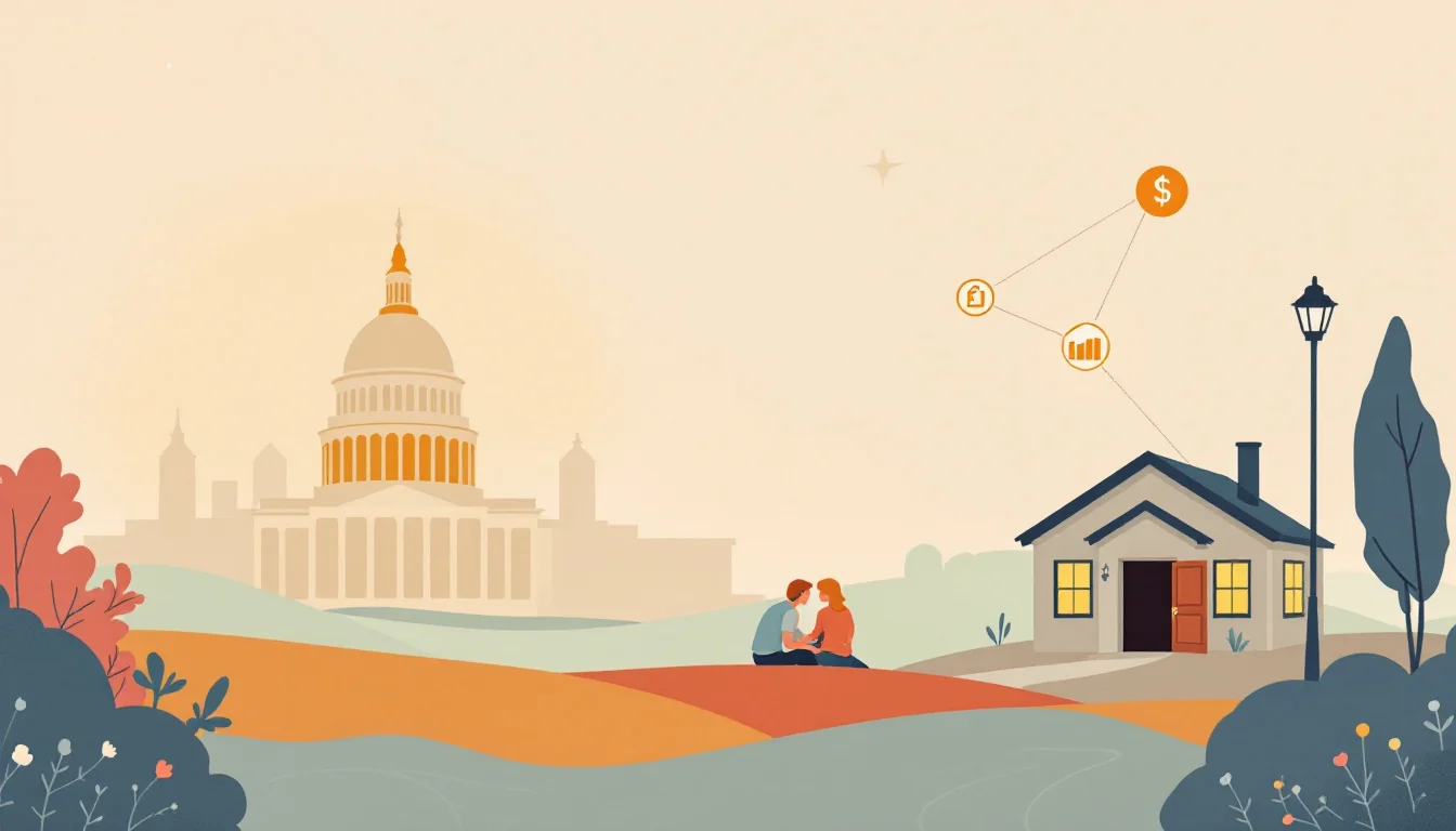 Two silhouettes in supportive conversation beside a small house with an open door, state capitol silhouette behind them, warm editorial illustration
