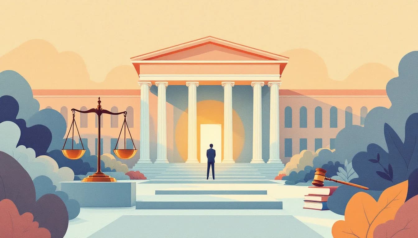 Federal regulatory building facade with scales of justice, stacked procedural documents, and a gavel beside a paused pathway leading toward a sunlit threshold