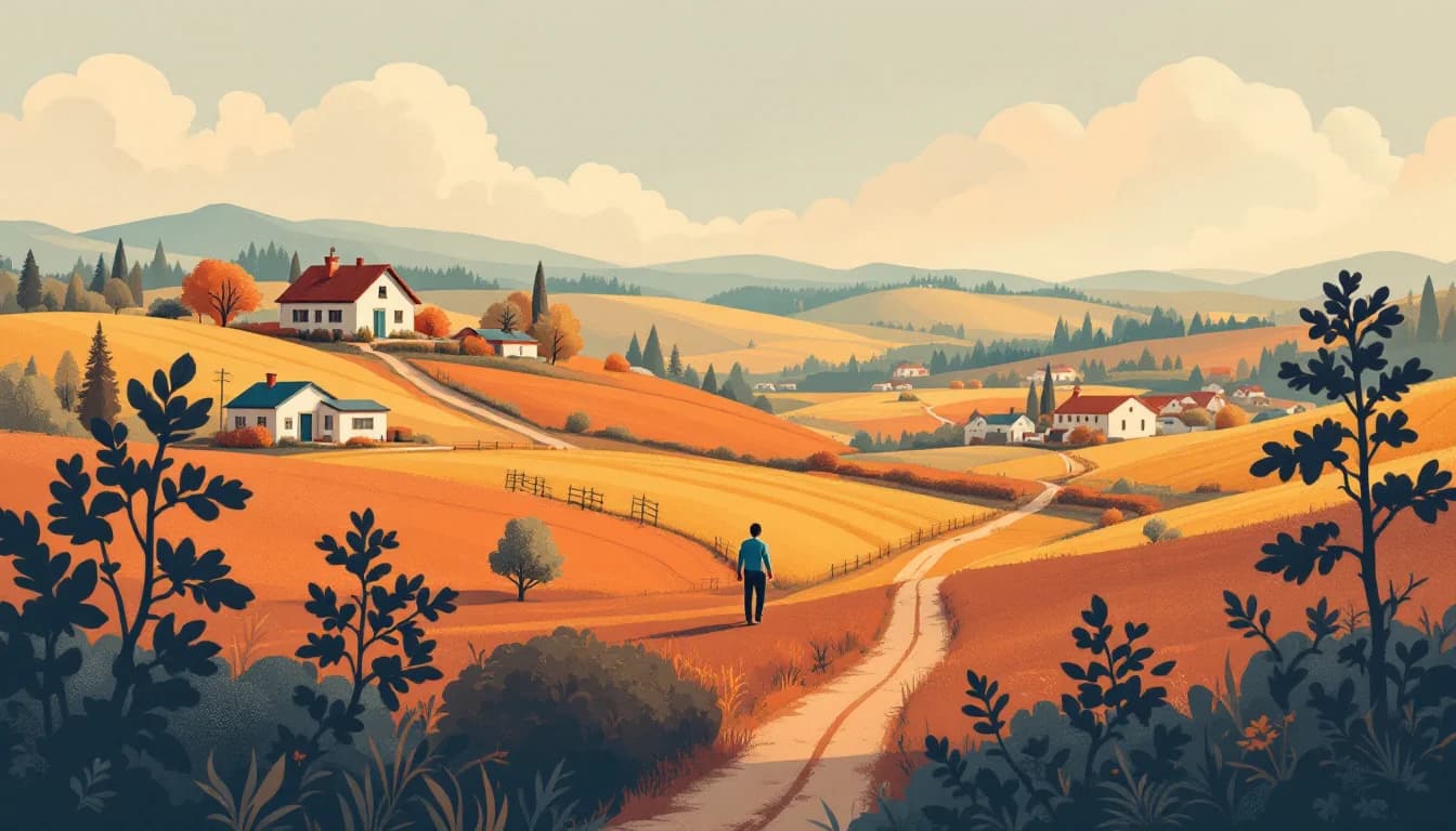 Rural clinic building among farm fields, funding network paths linking small towns, person walking a country road, warm editorial illustration