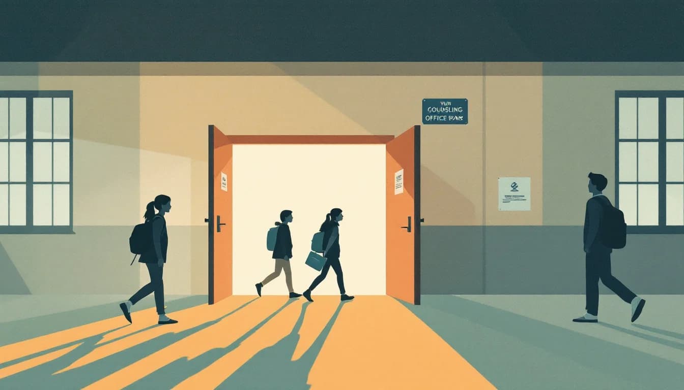 Editorial illustration of a school hallway with a counseling office, students walking toward daylight