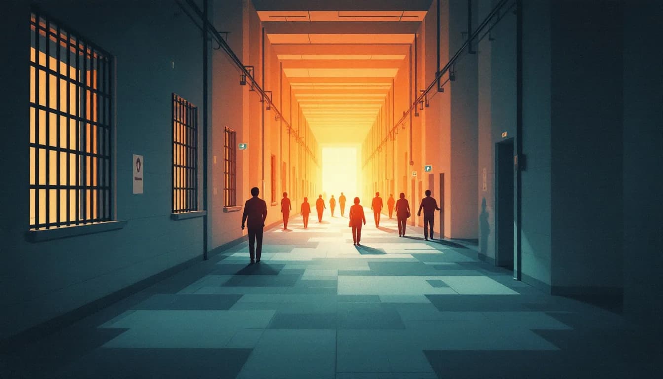Editorial illustration of a prison corridor with barred windows opening toward daylight, figures walking ahead