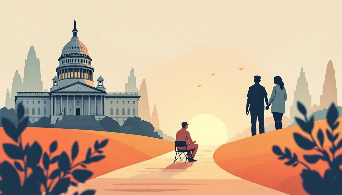 Clinician and patient reviewing a consent form across a desk, government building silhouette behind them, warm editorial illustration