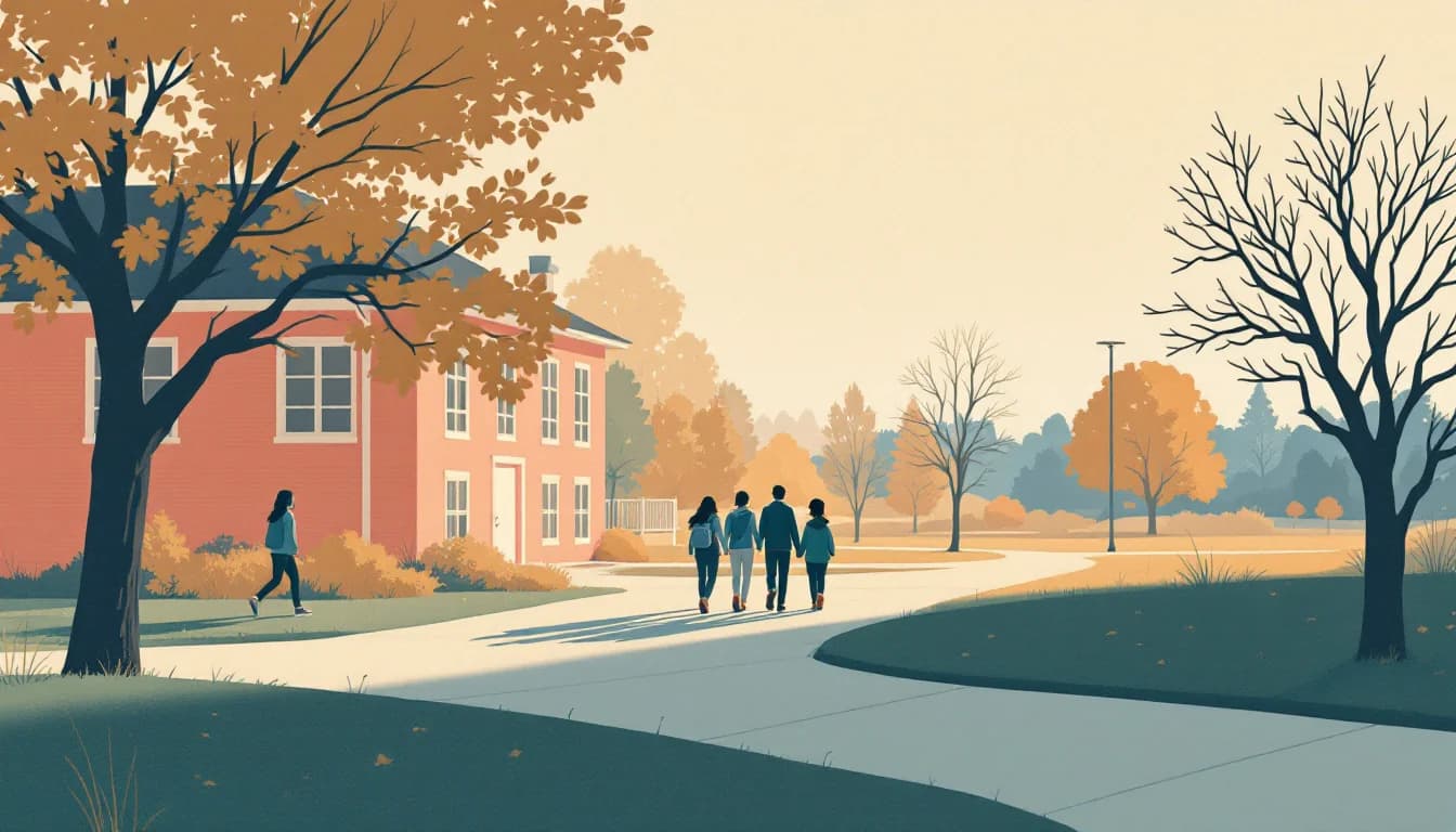 Editorial illustration of a downward-trending data pattern beside school buildings and supportive figures in warm muted tones