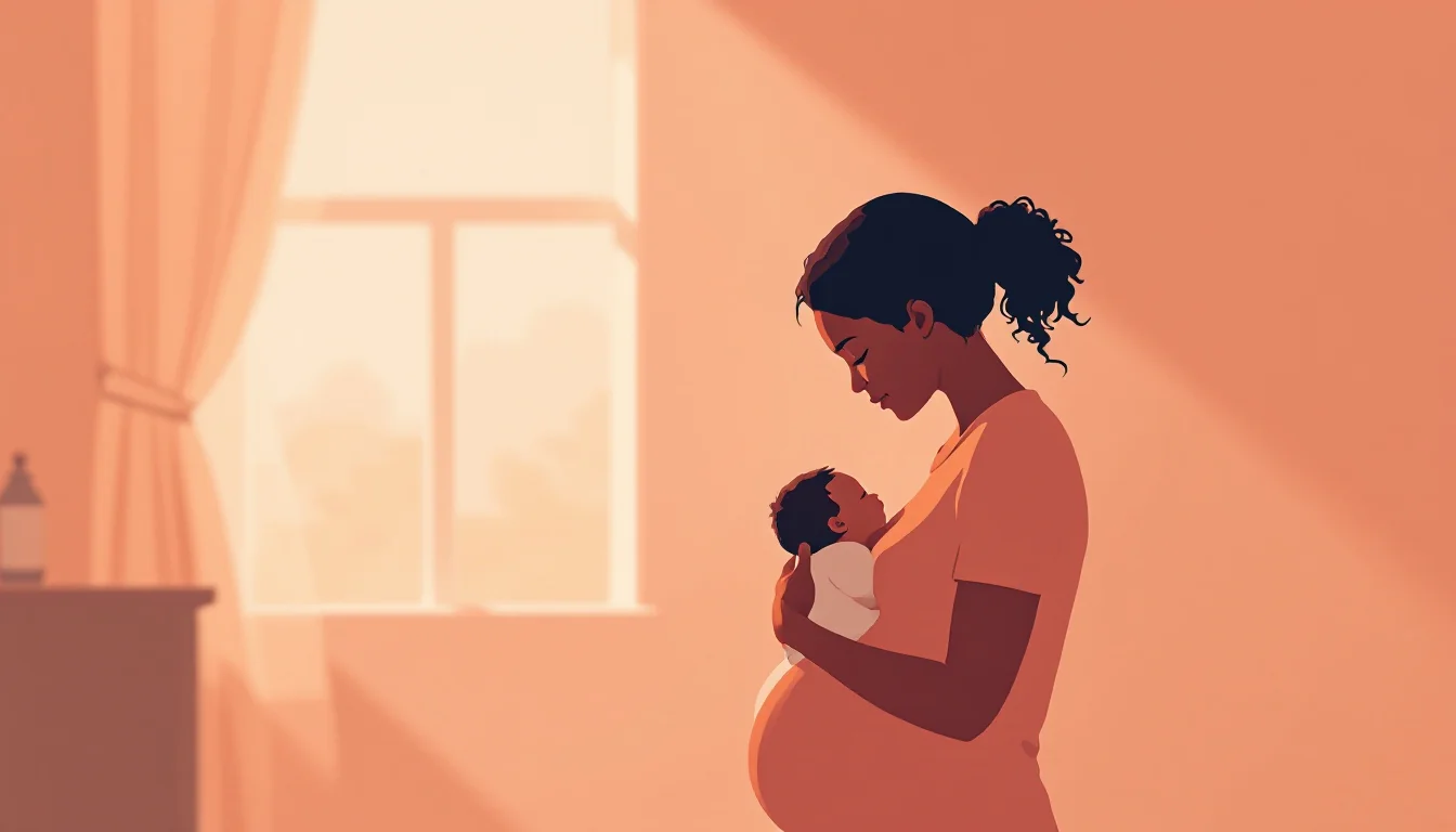 Illustration of a mother holding an infant beside a supportive network of perinatal care providers and community organizations