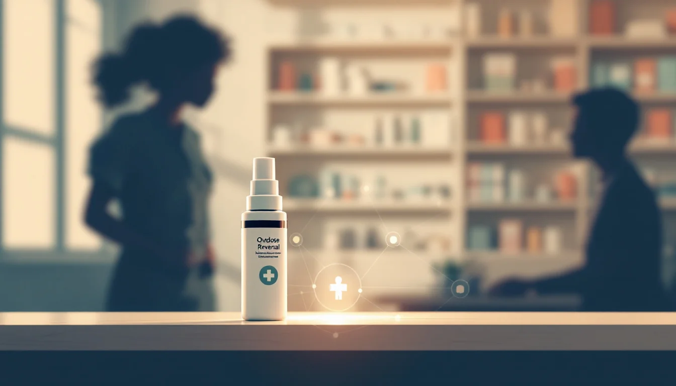 Editorial illustration of a nasal spray rescue medicine beside a first aid kit and protective network lines in warm muted tones