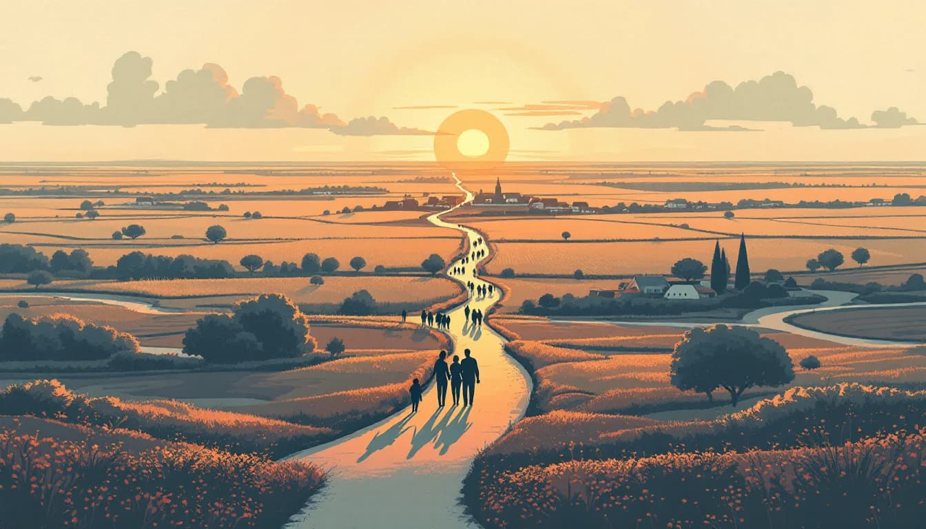 Editorial illustration of a community support network reaching from a federal building out to rural towns, hopeful warm tones