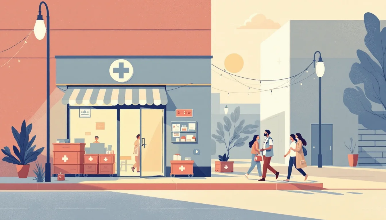 A calm editorial illustration of a small street-level health storefront with an open door, sterile supply crates and a path leading toward dawn light