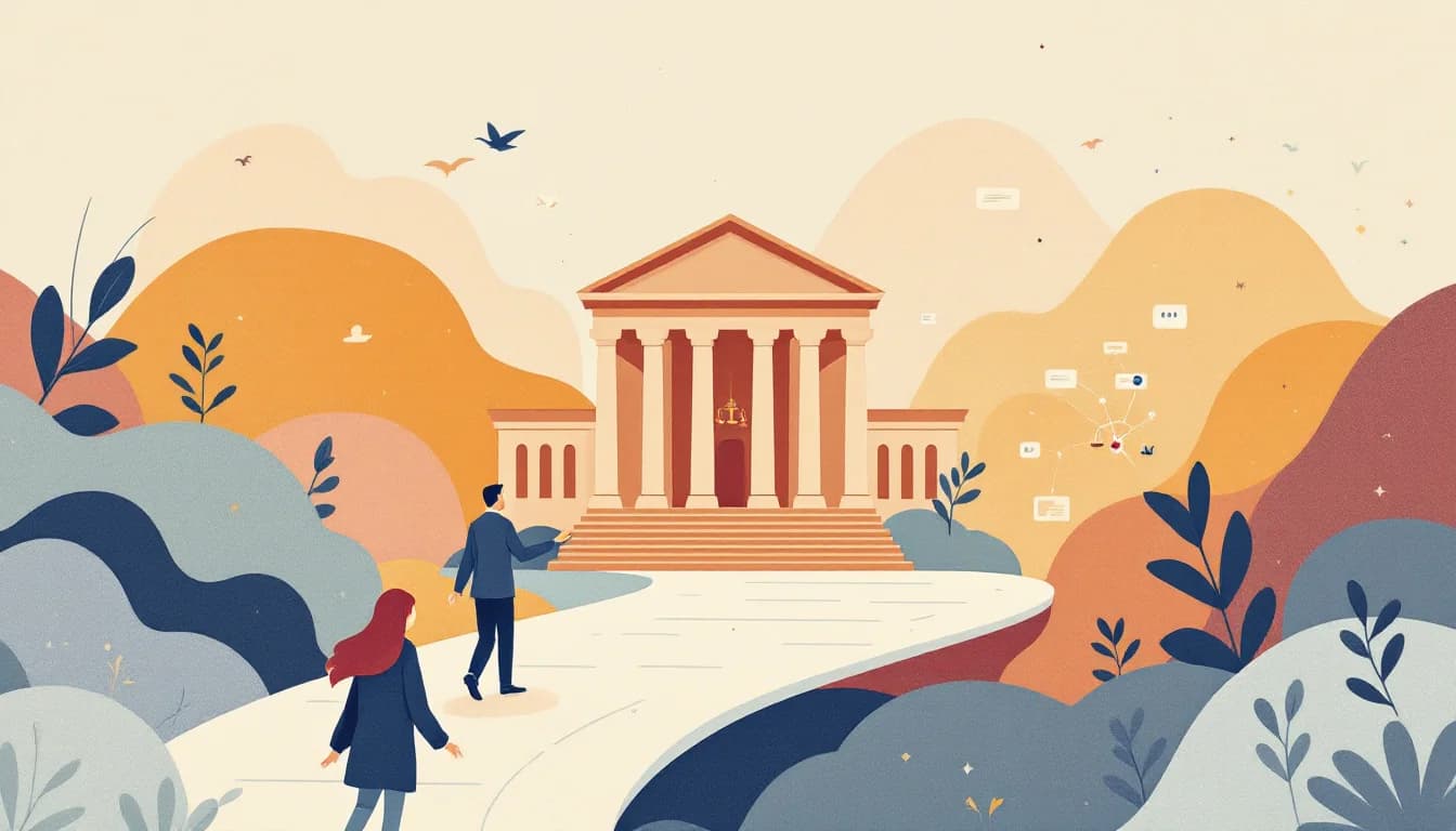 Courthouse and legal documents with abstract data network symbols, warm editorial illustration