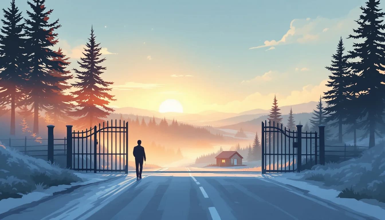 A quiet editorial illustration of a county jail gate opening onto a pine-lined road at sunrise, a lone figure walking toward a distant clinic