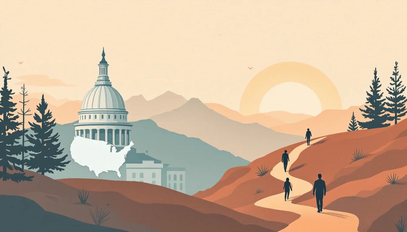 State capitol on a mountain ridge with a winding recovery pathway, warm editorial illustration