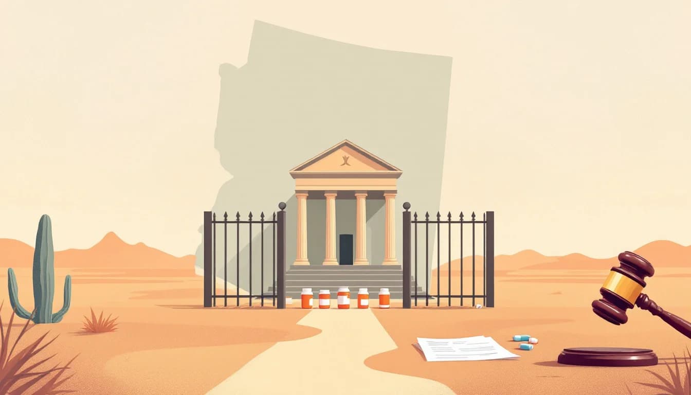 Courthouse with scales of justice and prescription bottle silhouettes behind a barrier, warm editorial illustration