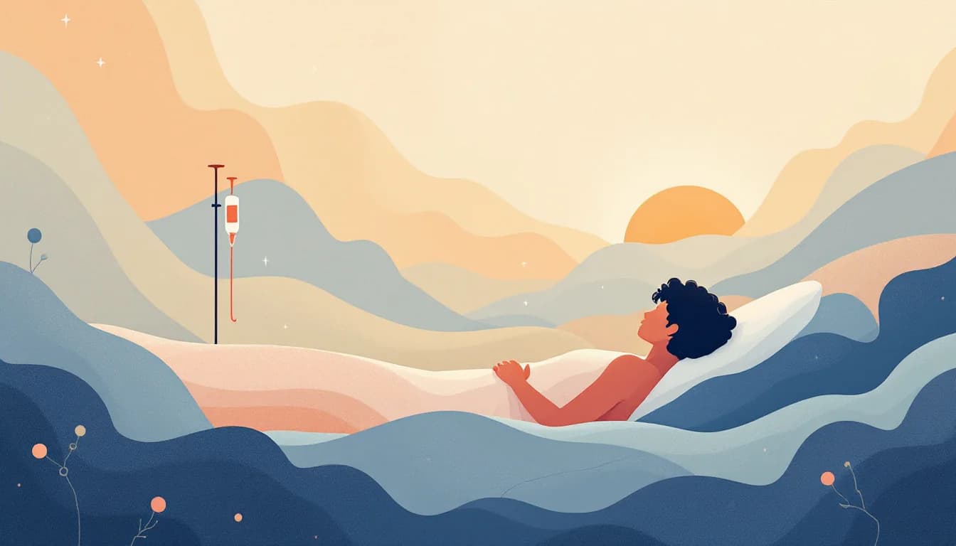Warm editorial illustration of intravenous therapy symbols and a bloodstream clearing pattern