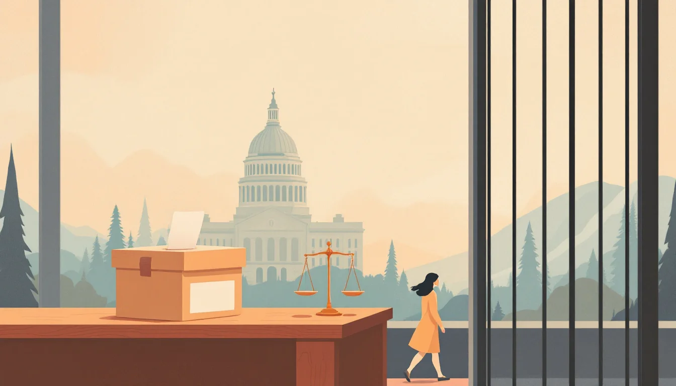 State capitol with a ballot box and scales of justice beside a treatment pathway, warm editorial illustration