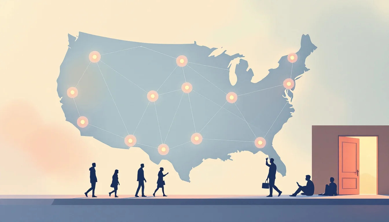 An abstract map of the United States with eight softly glowing points joined by thin lines to a central coordination hub, silhouettes of outreach workers approaching people seated on a city street