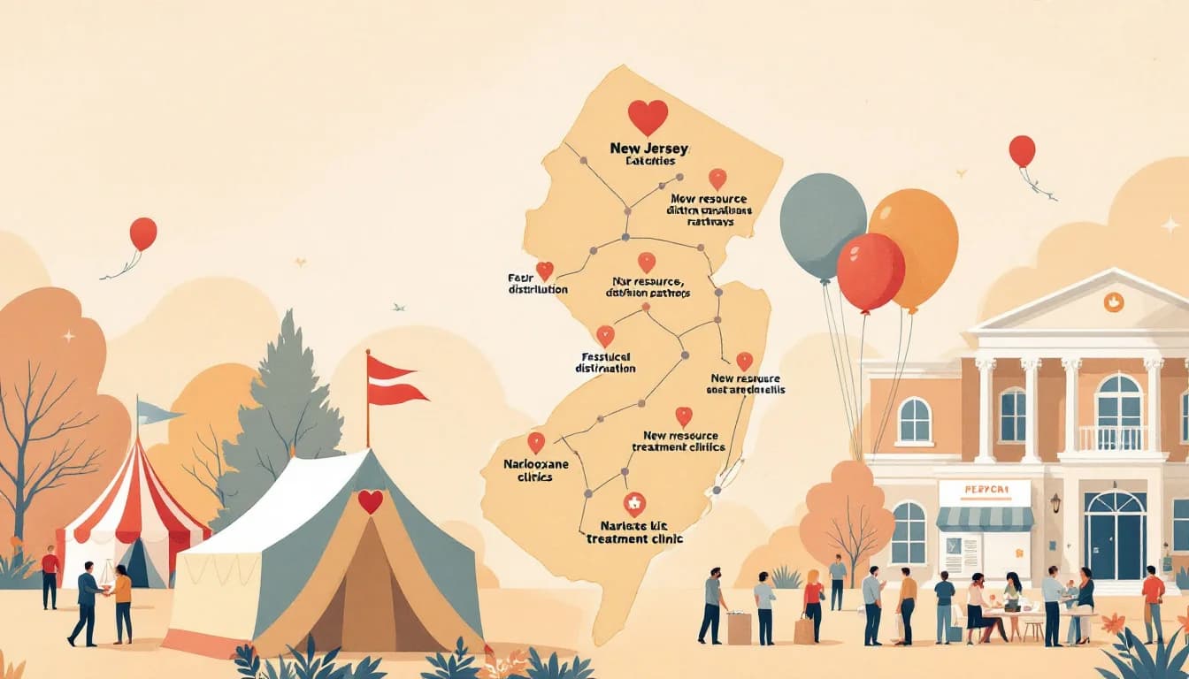 State map with resource pathways and a courthouse beside festival tents, warm editorial illustration