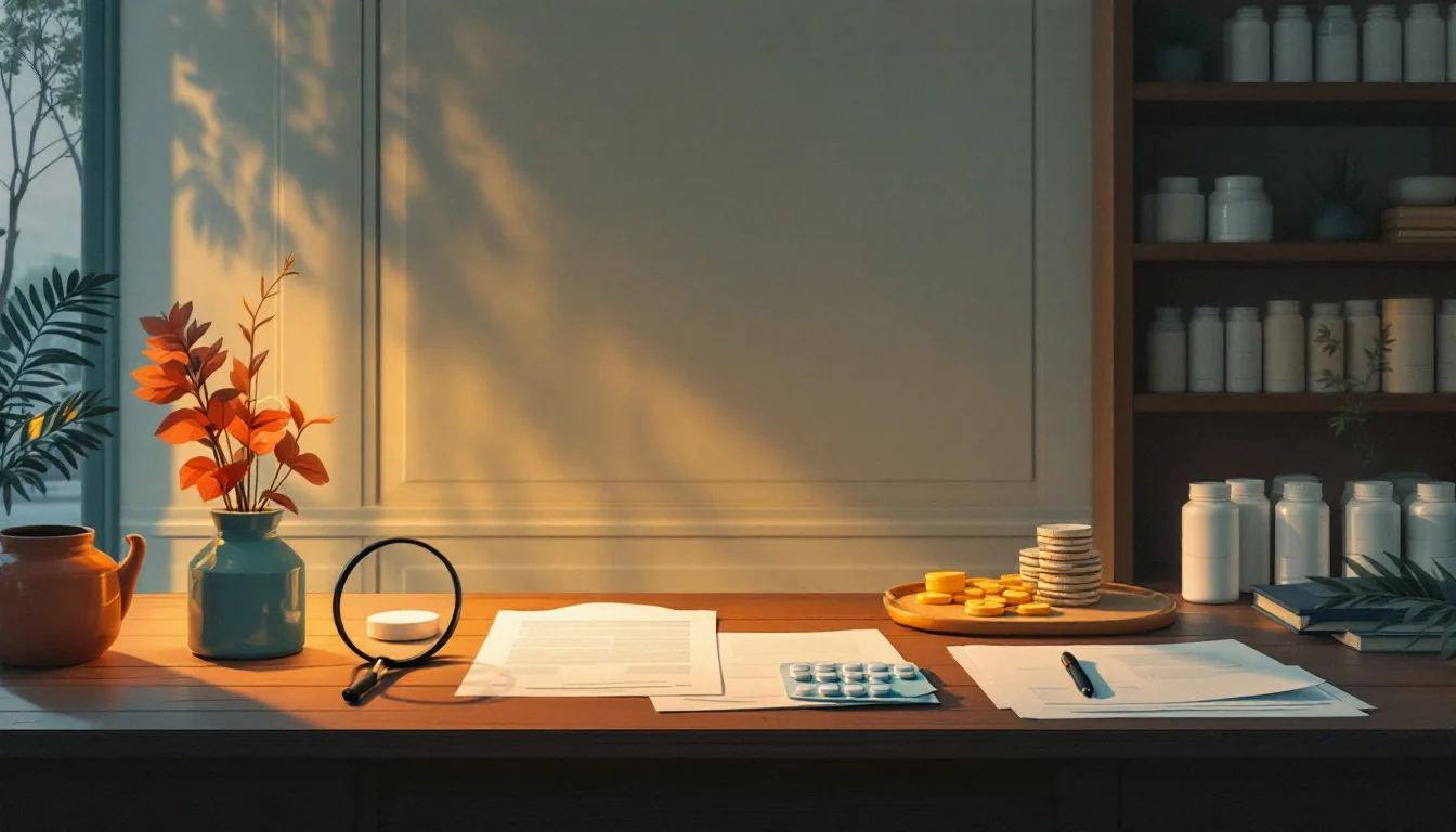 A courthouse façade with sealed documents on a table and a row of unlabeled small product packages under a magnifying glass, warm editorial illustration