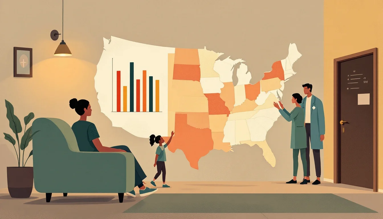Warm editorial illustration of treatment access charts and young people reaching for care