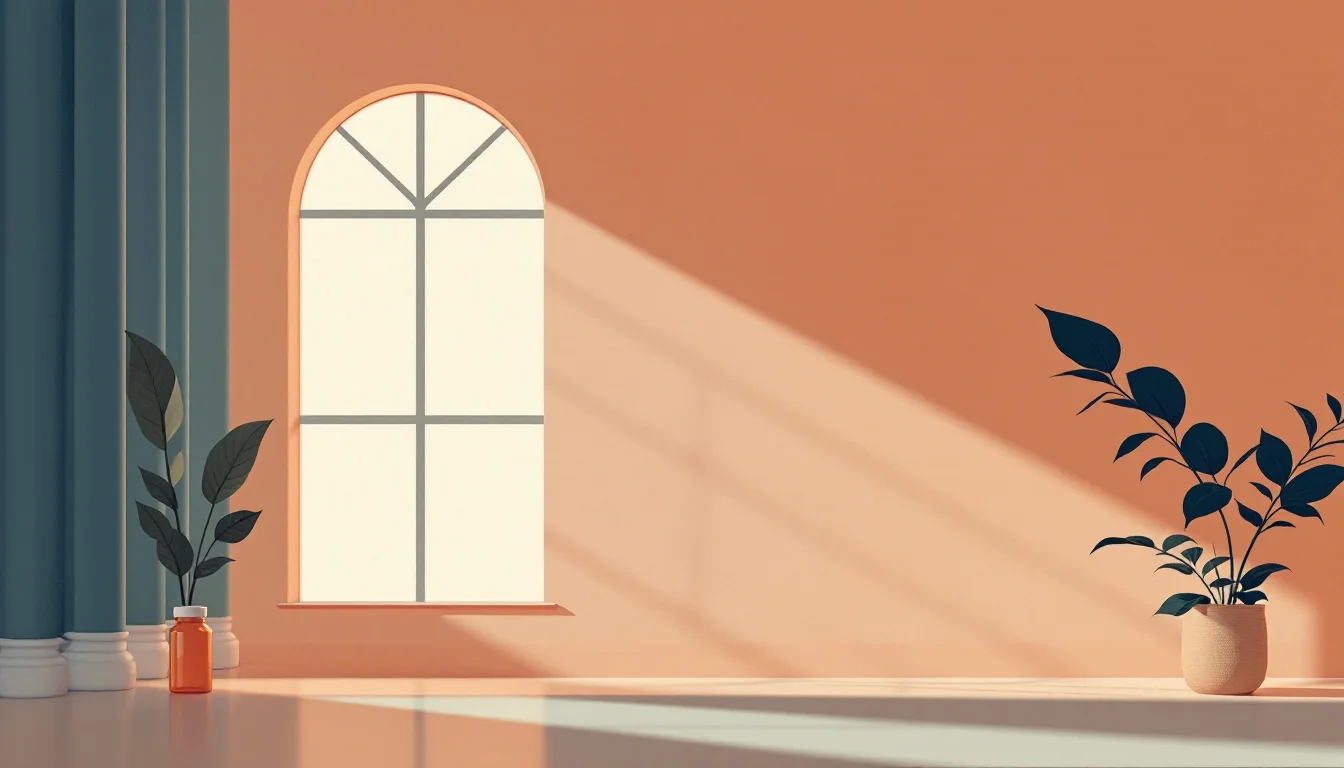 Editorial illustration of descending bar chart columns beside blurred pharmacy shelf shapes and a prescription pad, in warm muted tones