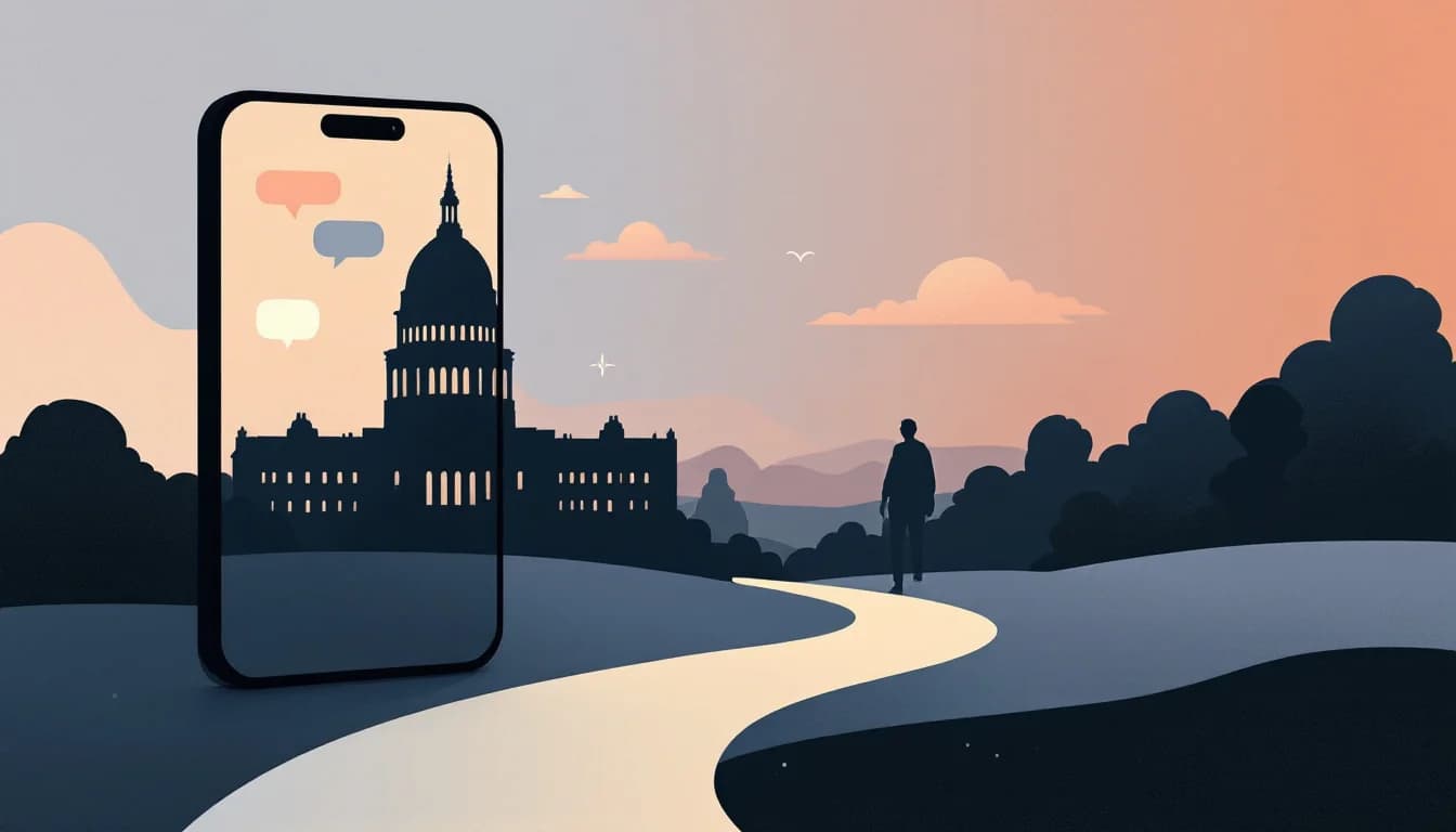 Editorial illustration of a state capitol dome beside a smartphone screen with abstract conversation shapes and waveform lines, warm muted tones