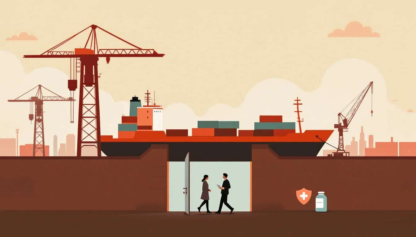 Editorial illustration of a shipyard crane and hull beside a hiring file folder and a small medication bottle, in warm muted tones