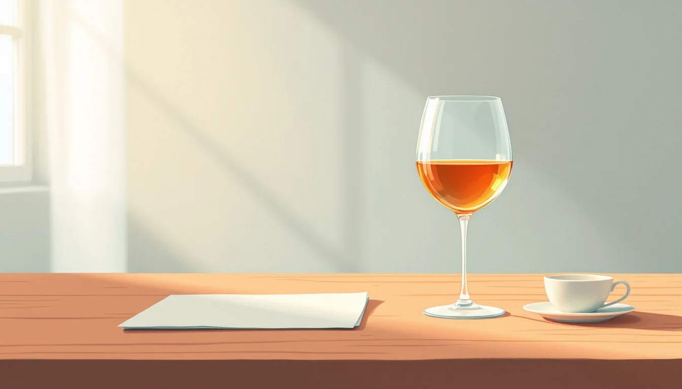 A single half-full glass of wine on a plain table under soft light, muted editorial illustration in amber and slate tones