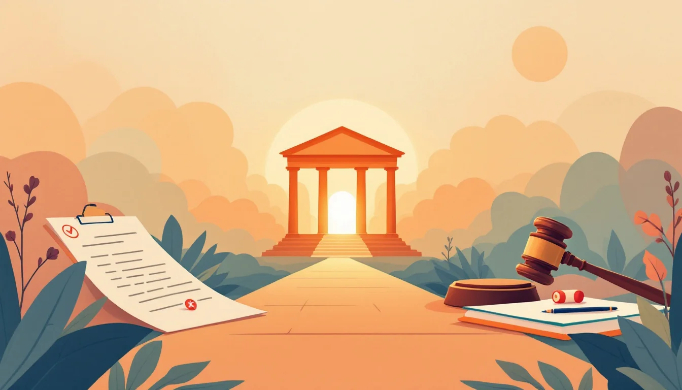 Editorial illustration of a courthouse column and a closed prescription pad beside a sealed evidence folder, in warm muted tones