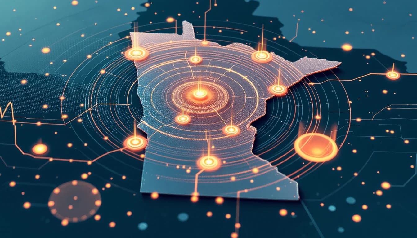 A stylized map of Minnesota with pulsing signal rings over several regions connected by thin data lines to a central monitoring hub, cool blue and amber tones