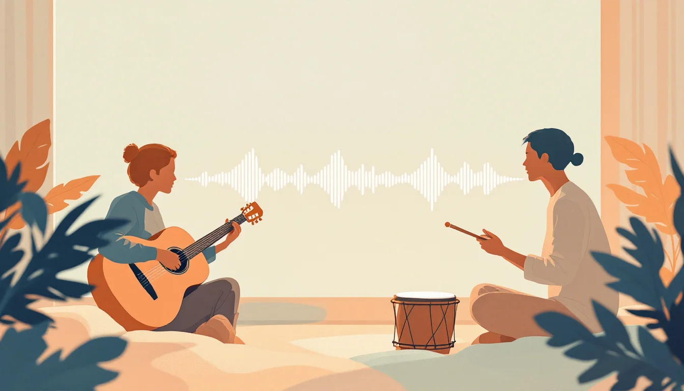Editorial illustration of an acoustic guitar and hand drum silhouettes beside abstract brain wave lines, warm amber and sage tones