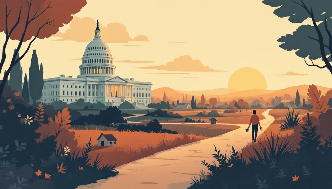 Warm editorial illustration of a California state capitol and a residential home with an open door, connected by a pathway of funding symbols