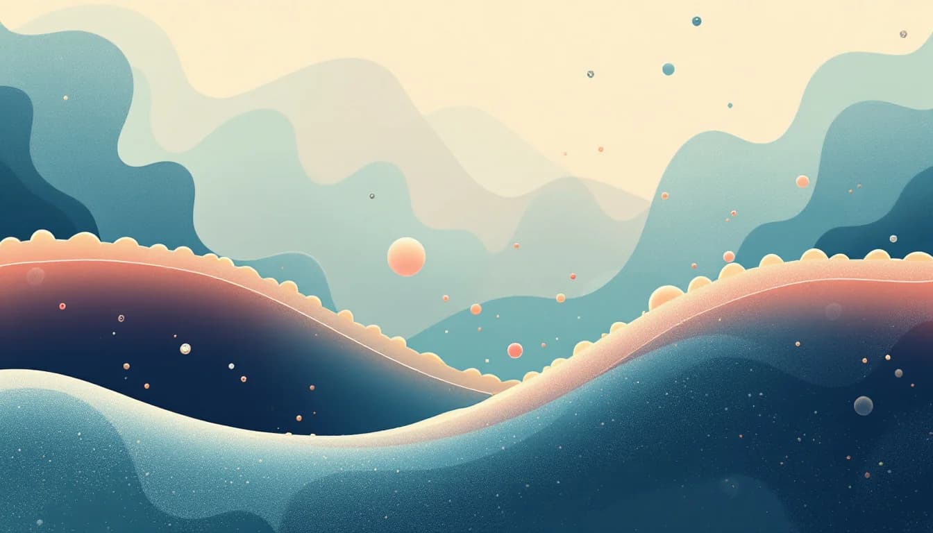 Editorial illustration of a nerve cell with receptor shapes on its surface and a descending dose curve, muted blue, amber and cream tones