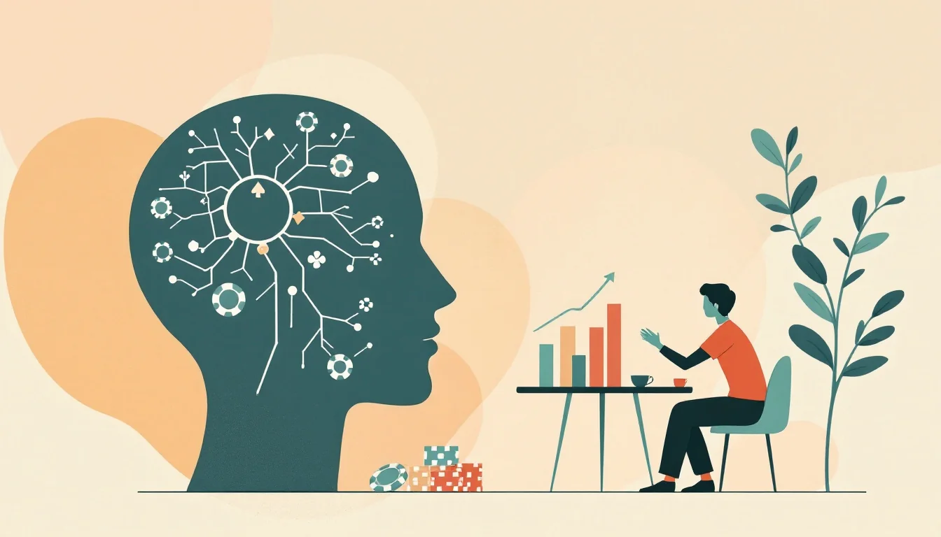 Warm editorial illustration of playing cards and chips beside a stylized brain outline and rising bar chart, with a figure seated at a table