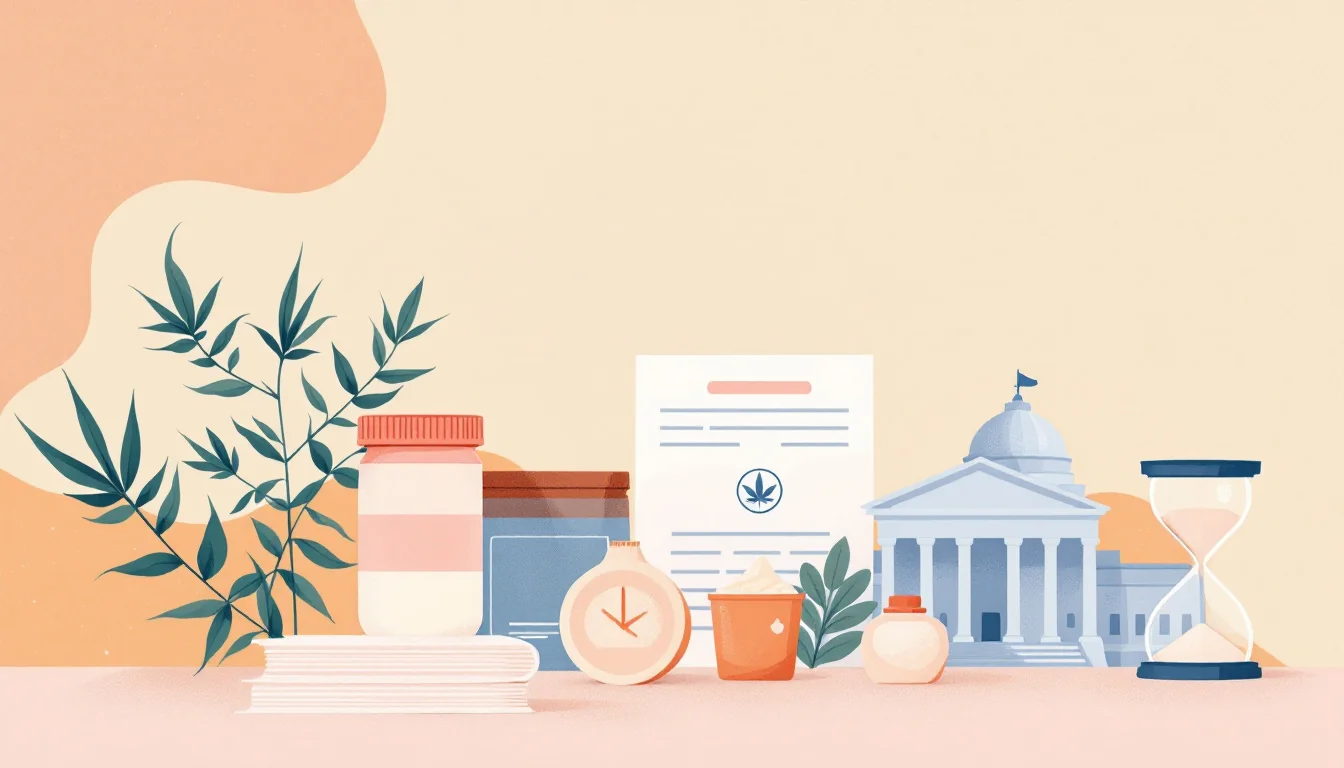 Editorial illustration of hemp plants, packaged edible products and an official document outline in soft amber, sage and cream tones
