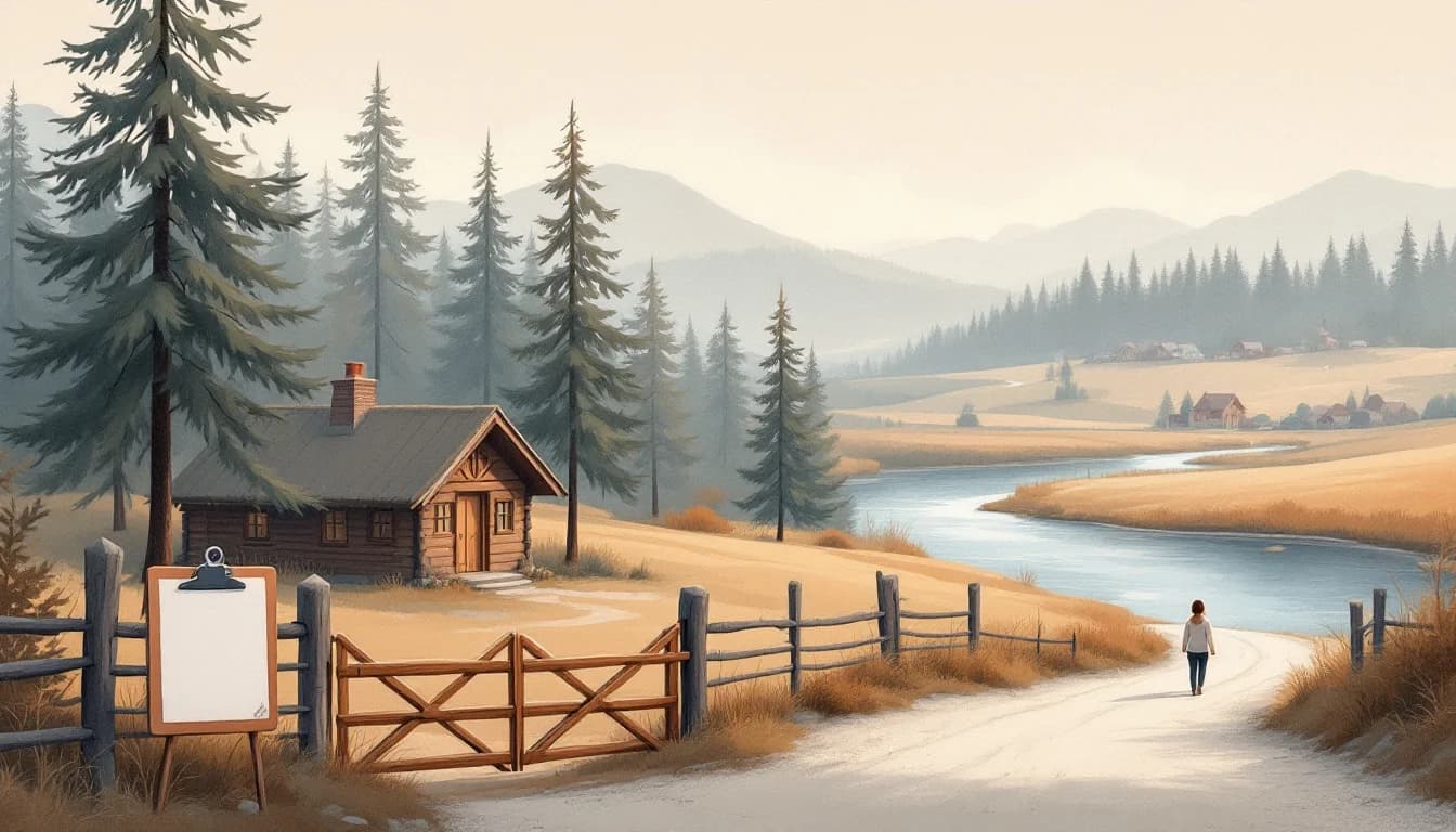 Editorial illustration of a rural lodge among pine trees beside an empty clipboard and closed gate silhouettes, muted sage, amber and cream tones