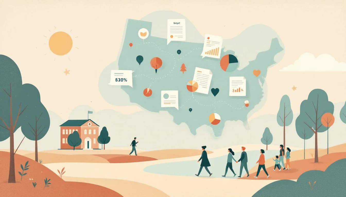 Editorial illustration of a state outline, a school building and a budget document with allocation symbols in soft amber, sage and cream tones
