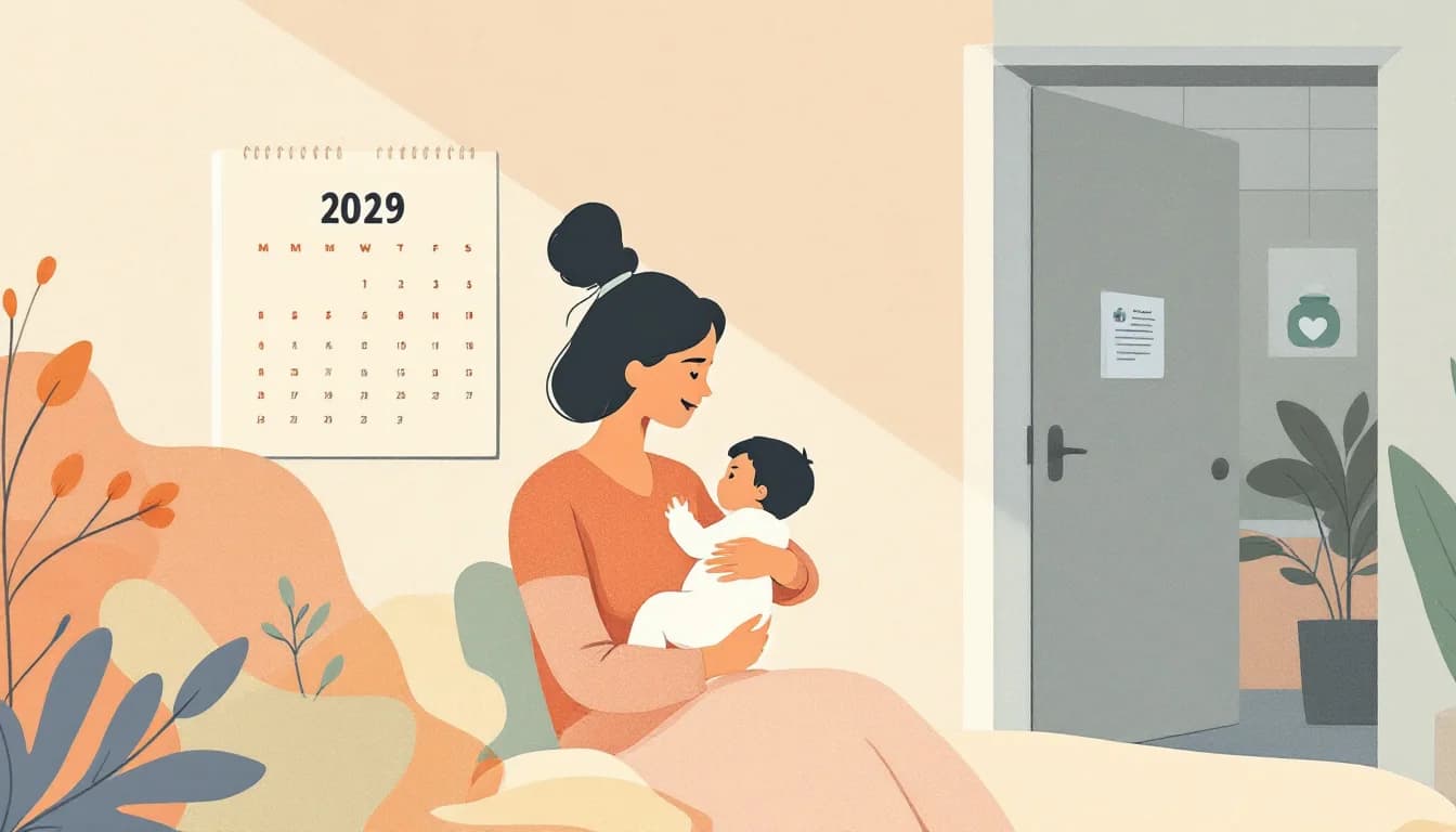 Editorial illustration of a mother holding an infant beside a monthly calendar and pill bottle silhouettes, soft amber, sage and cream tones