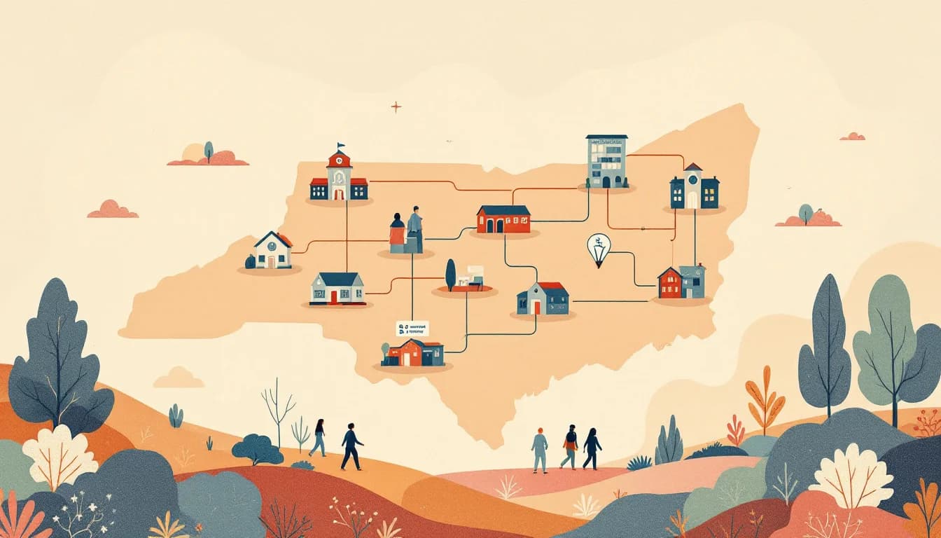 A stylized state outline with a network of resource flows branching to school buildings and community centers, warm amber and sage tones