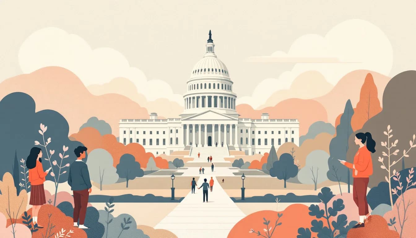 A state capitol dome rendered in soft line work with pathways branching toward youth counseling and wellness symbols, muted blue and coral tones