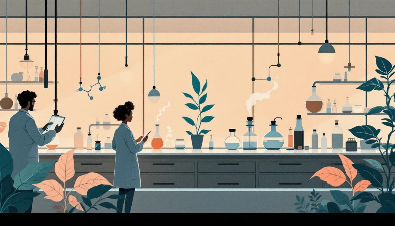 A minimalist laboratory scene with a glass reactor, curving molecular structures and a botanical motif, soft sage and amber palette