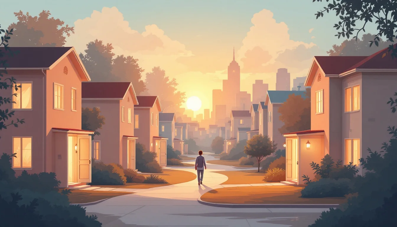 Warm editorial illustration of apartment buildings connected by sheltered pathways to a community support network