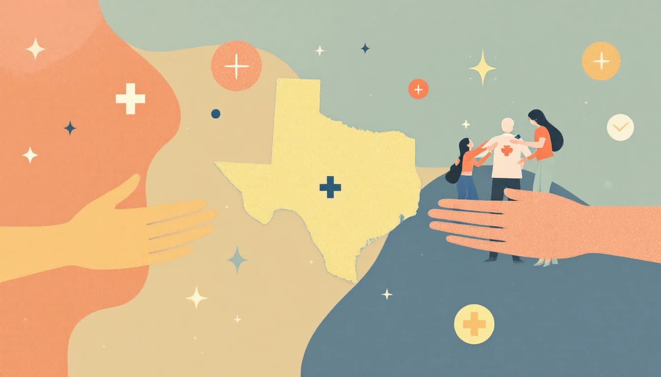 Editorial illustration of naloxone spray and first aid symbols within a protective emergency response network
