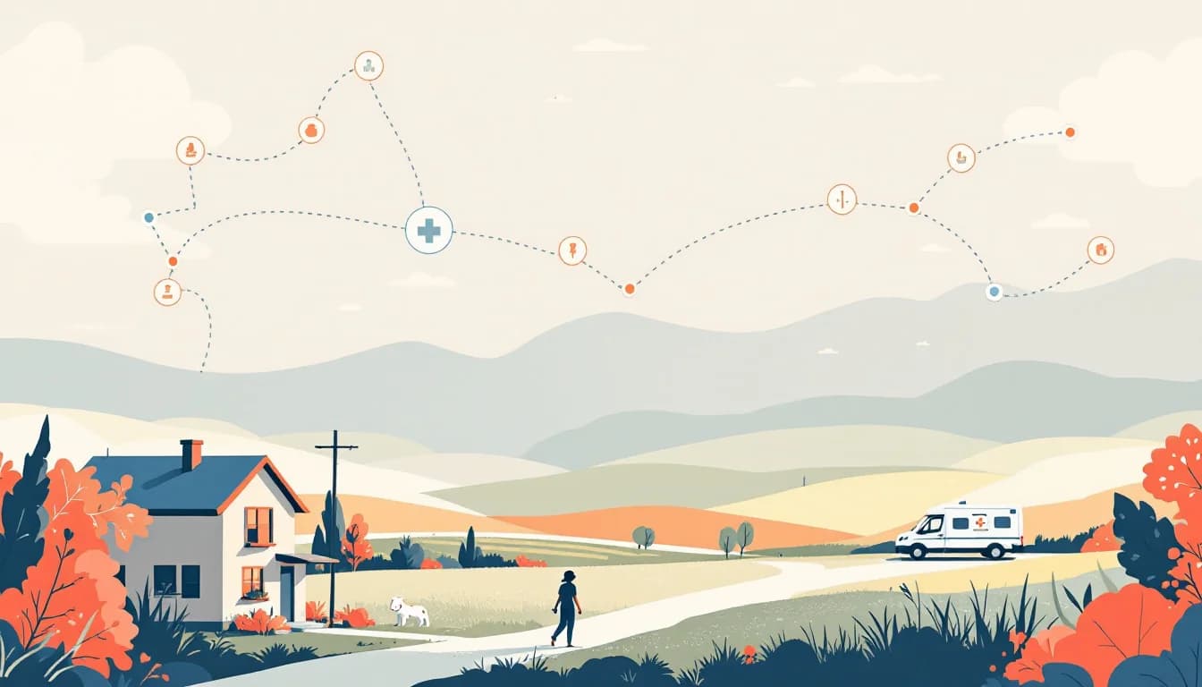 Rural clinic building, winding road linking small towns and a mobile crisis van, warm editorial illustration